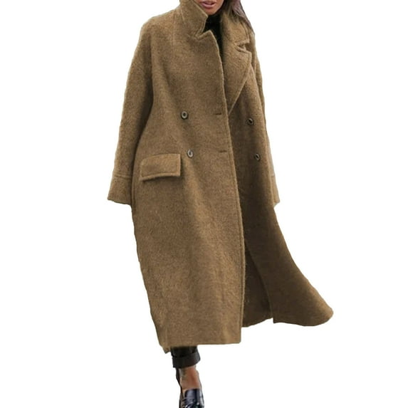 WCMZJ Womens Long Pea Coats Wool Blend Ankle Length Business Casual Trench Coats Long Sleeve Open Front Dressy Jackets with Pockets Khaki M
