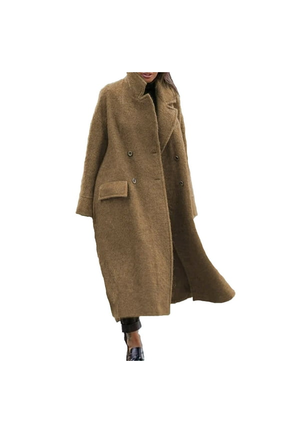 Womens Long Pea Coats Wool Blend Ankle Length Business Casual Trench Coats Long Sleeve Open Front Dressy Jackets with Pockets Khaki XXL