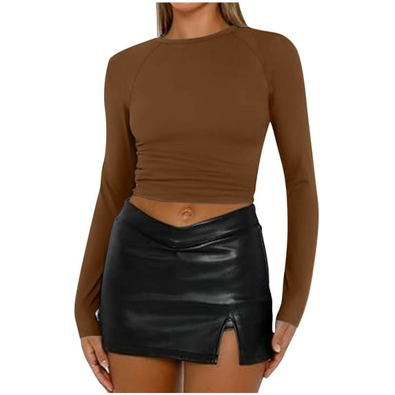 WCMZJ Womens Long Sleeve Crop Tops Basic Slim Fitted Shirts Casual Fashion 2024 Going Out Y2k Tops Teen Girl Clothes Brown M