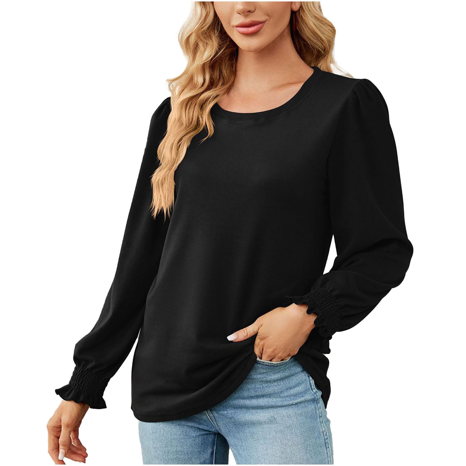 OFEEFAN Women's Tunic Top With Puff Sleeves - Long Sleeve Crew Neck Shirt, Solid Color, Soft Blend