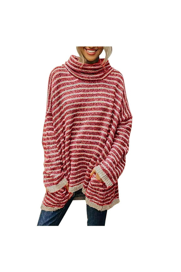 Womens Long Sleeve Turtle Neck Striped Midi Tunic Sweater Fall Winter Casual Loose Pullover Tops to Wear with Legging Red L