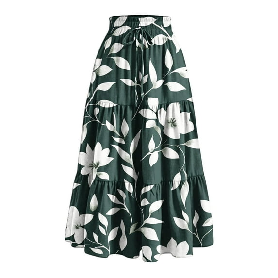 WCMZJ Womens Maxi Skirt Drawstring High Waisted Summer Long Skirts Lightweight Tiered Flowy Floral Pleated Skirts with Pockets Army Green XL