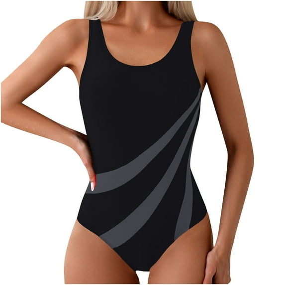 WCMZJ Womens One Piece Swimsuit 2025 Summer Color Block Crew Neck Tummy Control Modest Full Coverage Slimming Bathing Suits Gray XL