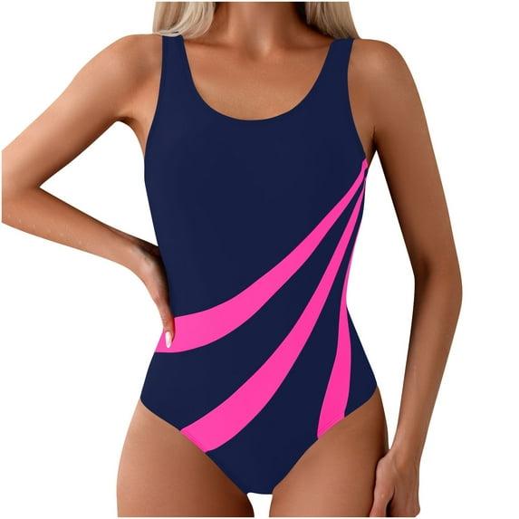 WCMZJ Womens One Piece Swimsuit 2025 Summer Color Block Crew Neck Tummy Control Modest Full Coverage Slimming Bathing Suits Navy S
