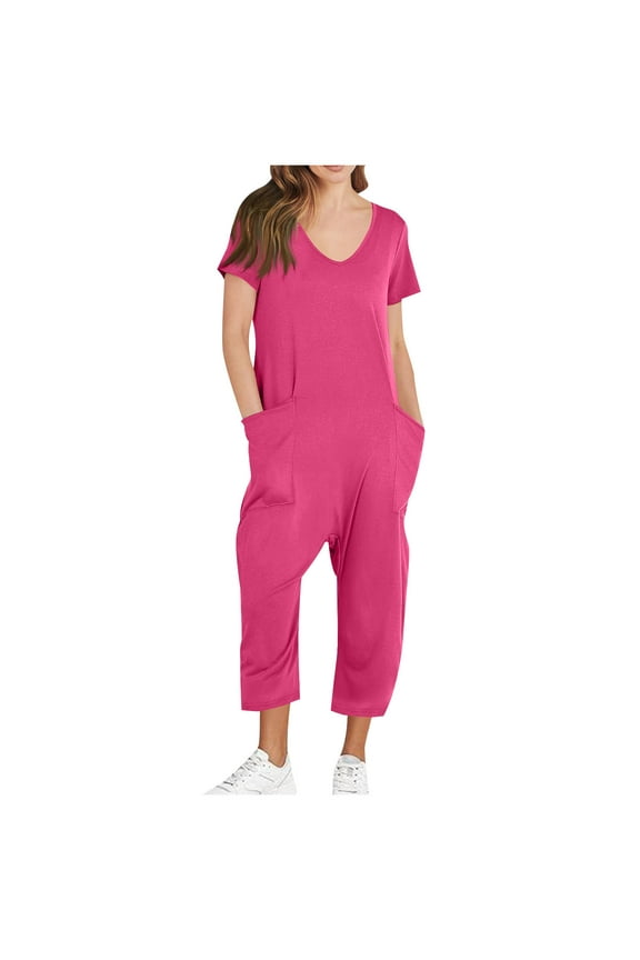 Womens Overalls Loose Fit V Neck Plus Size Jumpsuits Summer Baggy Wide Leg Capri Pants One Piece Jumpsuit with Pockets Hot Pink S