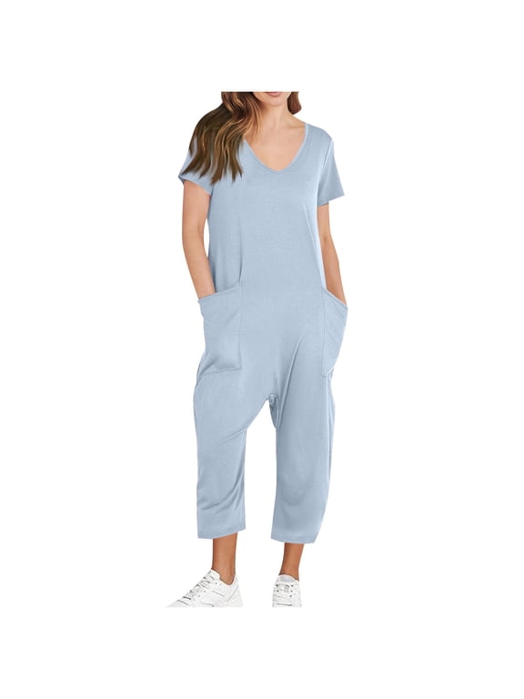 Womens Overalls Loose Fit V Neck Plus Size Jumpsuits Summer Baggy Wide Leg Capri Pants One Piece Jumpsuit with Pockets Light Blue 2XL