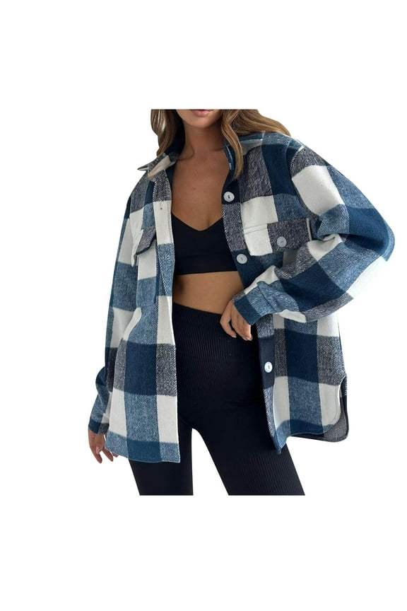 Womens Oversize Plaid Jackets Shacket Button Down Long Sleeve Shirts Wool Blend Jackets Tops LooseFall Flannel Shirt with Pocket Blue L