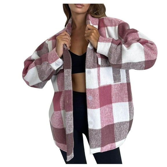 WCMZJ Womens Oversize Plaid Jackets Shacket Button Down Long Sleeve Shirts Wool Blend Jackets Tops LooseFall Flannel Shirt with Pocket Pink L