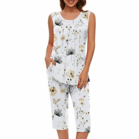 WCMZJ Womens Pajamas Set Pleated Crew Neck Sleeveless Tank Tops and Capri Pants Lounge Sets 2 Piece Summer Outfits