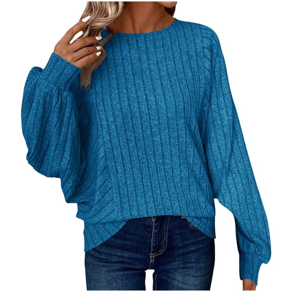 WCMZJ Womens Plus Size Fall Shirts 2024 Round Neck Long Sleeve Tops Casual Loose Fitting Soft Ribbed Knit Tunic Blouse Blue 4XL
