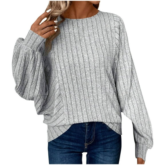 WCMZJ Womens Plus Size Fall Shirts 2024 Round Neck Long Sleeve Tops Casual Loose Fitting Soft Ribbed Knit Tunic Blouse Gray XXL
