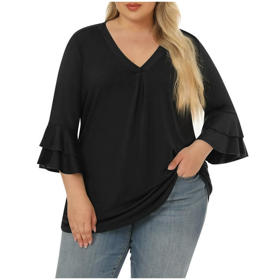 WCMZJ Womens Plus Size Tops 3/4 Length Sleeve V Neck Pleated Shirts Ruffle Bell Sleeve Loose Fit Tunic Blouse Black L