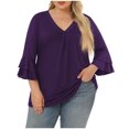 thumbnail image 1 of WCMZJ Womens Plus Size Tops 3/4 Length Sleeve V Neck Pleated Shirts Ruffle Bell Sleeve Loose Fit Tunic Blouse Purple XL, 1 of 7