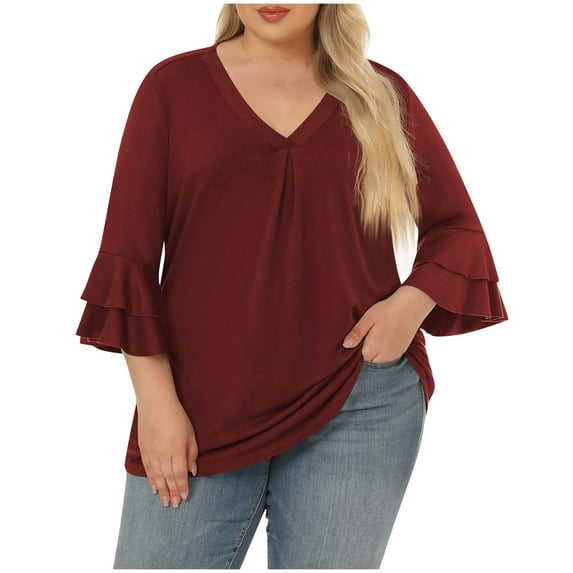 WCMZJ Womens Plus Size Tops 3/4 Length Sleeve V Neck Pleated Shirts Ruffle Bell Sleeve Loose Fit Tunic Blouse Wine XL