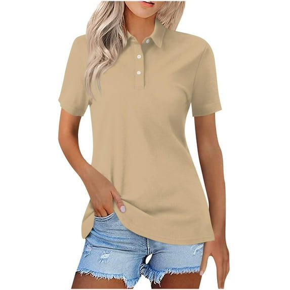 WCMZJ Womens Polo Shirts 2024 Short Sleeve Summer Tops Button V Neck Business Casual Collared Shirts Dressy Blouses Beige XXL