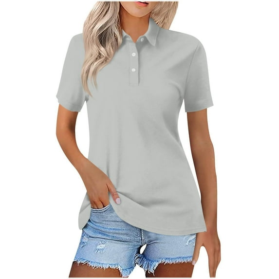 WCMZJ Womens Polo Shirts 2024 Short Sleeve Summer Tops Button V Neck Business Casual Collared Shirts Dressy Blouses Gray L