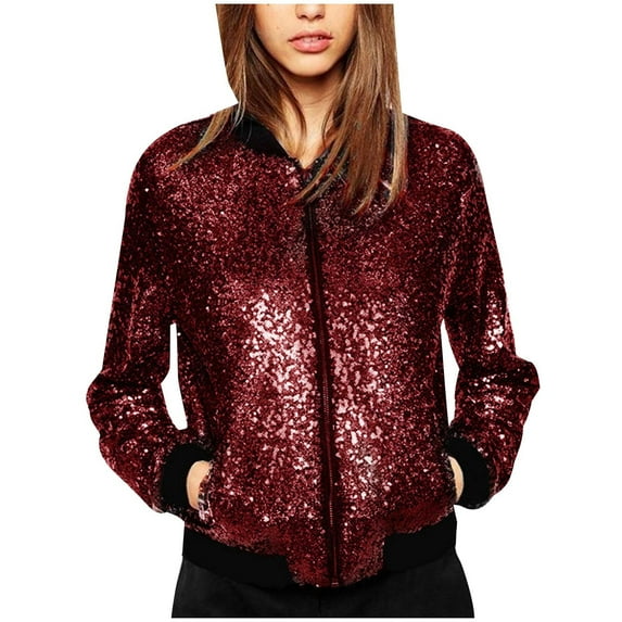 WCMZJ Womens Sequin Jacket Plus Size Sparkle Long Sleeve Jackets Front Zip Loose Casual Blazer Bomber Jacket with Pockets Wine M
