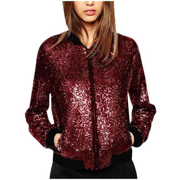 WCMZJ Womens Sequin Jacket Plus Size Sparkle Long Sleeve Jackets Front Zip Loose Casual Blazer Bomber Jacket with Pockets Wine XXL