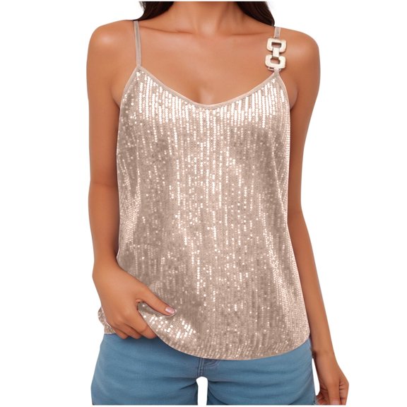 WCMZJ Womens Sequin Sparkle Tank Top Fashion V Neck Strappy Vest Shiny Glitter Sexy Club Camisole Tops Khaki XXL