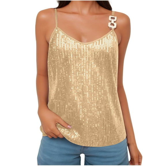WCMZJ Womens Sequin Sparkle Tank Top Fashion V Neck Strappy Vest Shiny Glitter Sexy Club Camisole Tops Yellow XL