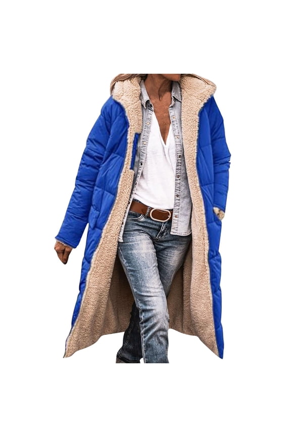 Womens Sherpa Fleece Lined Long Jackets Shearling Reversible Overcoats Winter Puffer Coats Hood Zip Outerwears Blue XL