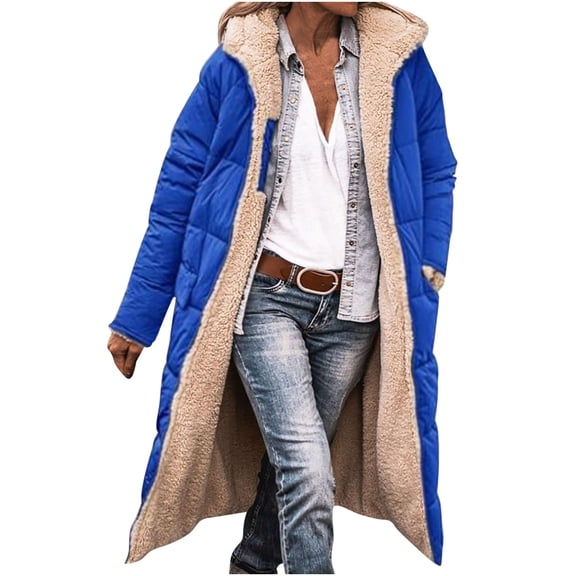 WCMZJ Womens Sherpa Fleece Lined Long Jackets Shearling Reversible Overcoats Winter Puffer Coats Hood Zip Outerwears Blue XXL