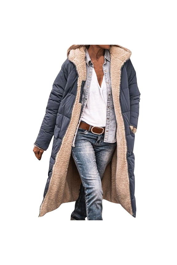 Womens Sherpa Fleece Lined Long Jackets Shearling Reversible Overcoats Winter Puffer Coats Hood Zip Outerwears Dark Gray XL