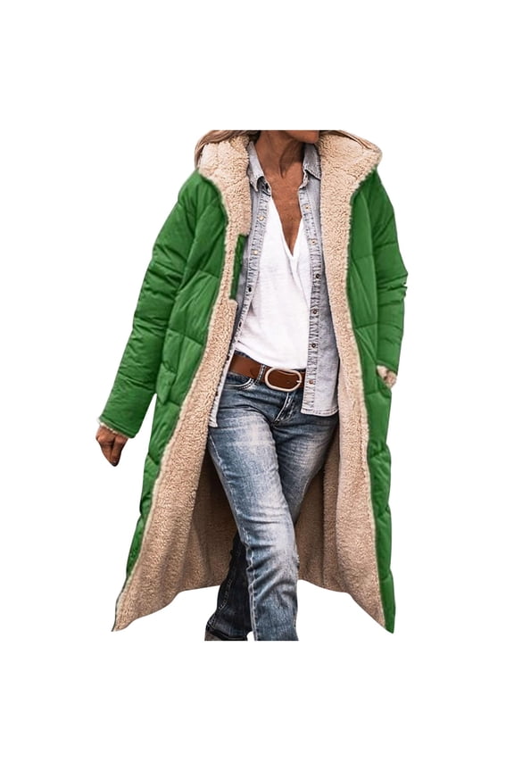 Womens Sherpa Fleece Lined Long Jackets Shearling Reversible Overcoats Winter Puffer Coats Hood Zip Outerwears Green S