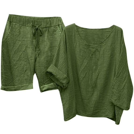 WCMZJ Womens Short Sets 2 Piece Outfits 3/4 Sleeve Tops and Elastic Waist Shorts Lounge Set Casual Loungewear