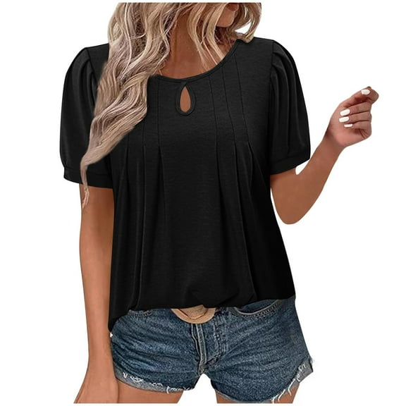 WCMZJ Womens Short Sleeve Tops Solid Boho Shirts Casual Keyhole Crew Neck Tunic Shirts Summer Ruched Blouse Black L