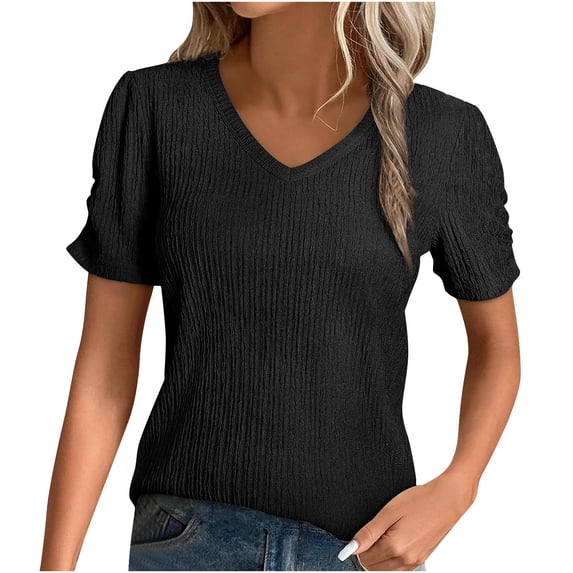WCMZJ Womens Short Sleeve Tops Summer Casual V Neck T Shirts Blouses Solid Color Textured Knit Tee Tunic Black L