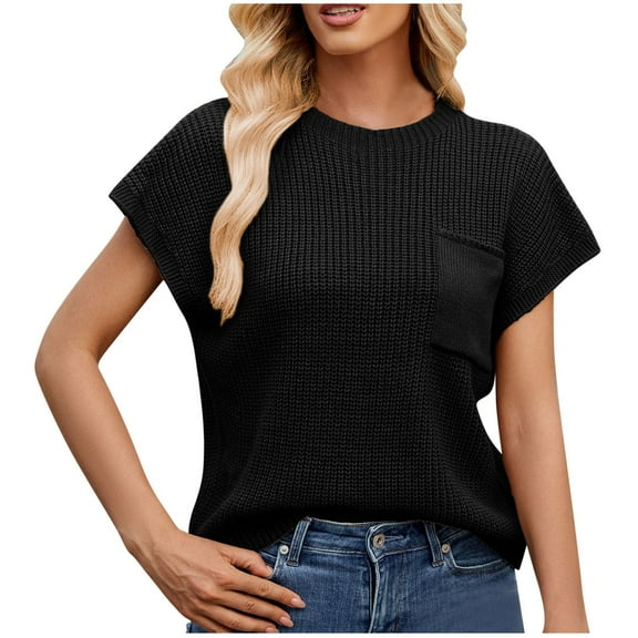 WCMZJ Womens Spring Fall Cap Sleeve Tops 2025 Summer Casual Crew Neck Lightweight Sweater Vest Ribbed Knit Pullover Black XL