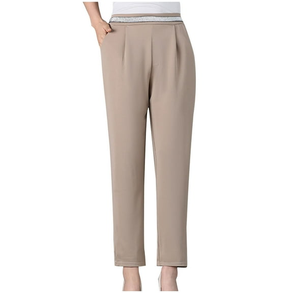 WCMZJ Womens Straight Leg Pant Elastic Waist Pleated Comfy Stretch Pull on Pants Lounge Work Office Trouser Spring Fall with Pockets