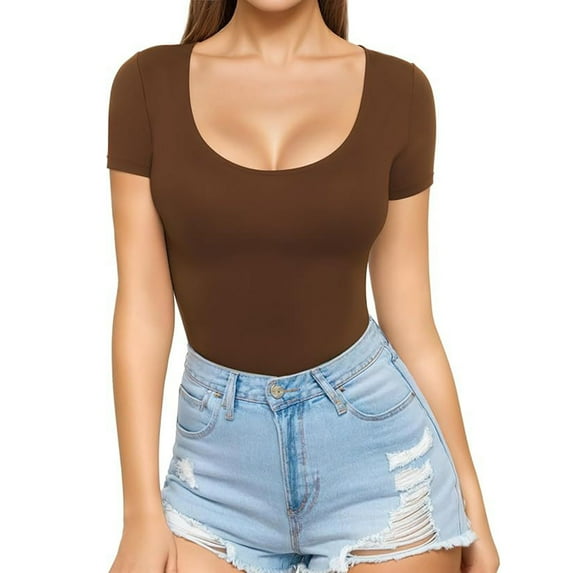 WCMZJ Womens' Stretchy Scoop Neck Shirts Short Sleeve Gym Workout Slim Fitted Casual Basic Top T-Shirt Coffee L