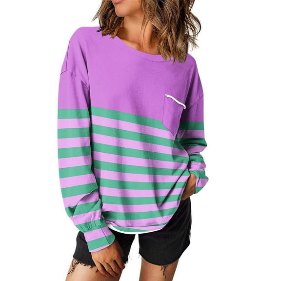 WCMZJ Womens Striped Sweatshirt Casual Long Sleeve Color Block Crew Neck Loose Pullover Y2K Fall Tops with Chest Pocket Purple S