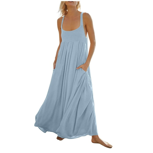 WCMZJ Womens Summer Dresses Loose Smocked Sleeveless Spaghetti Strap