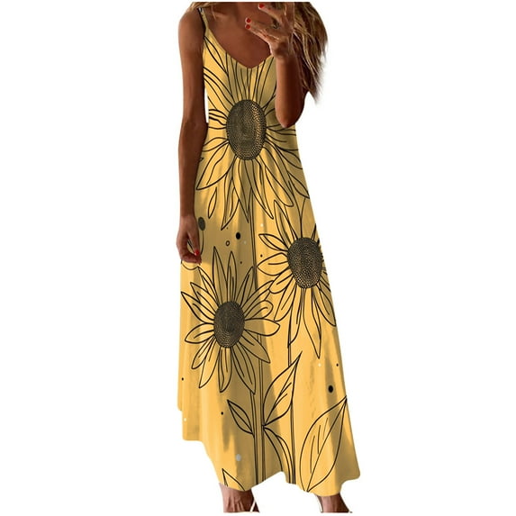 WCMZJ Womens Summer Print Long Dresses V Neck Spaghetti Straps Maxi Dress Casual Sun Dress for Holiday Beach Yellow L