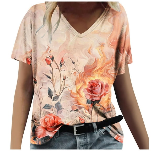 WCMZJ Womens Summer Tops 2025 V Neck Short Sleeve Shirts Trendy Dressy Casual Vacation Outfits Printed Orange L