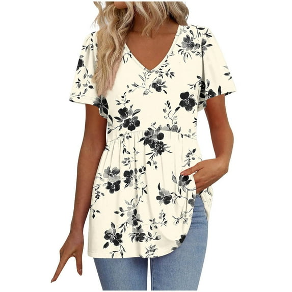 WCMZJ Womens Summer Tops Babydoll Short Sleeve Shirts Floral Print Puff Sleeve Peplum Tops V Neck T Shirts Beige XL