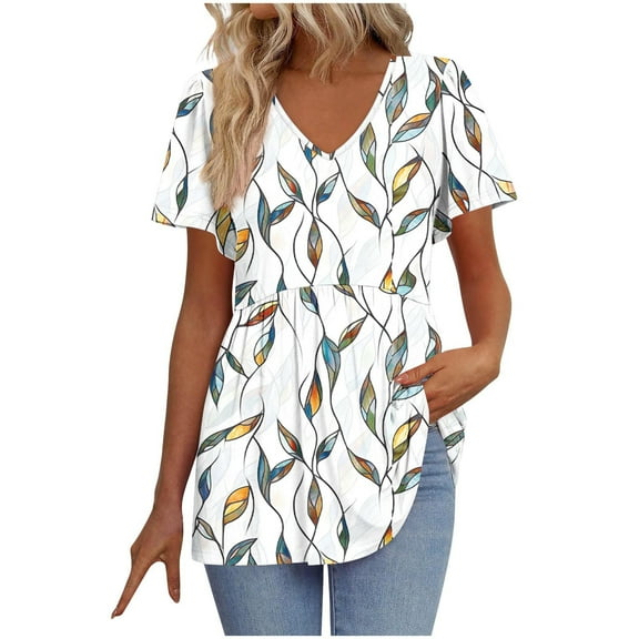 WCMZJ Womens Summer Tops Babydoll Short Sleeve Shirts Floral Print Puff Sleeve Peplum Tops V Neck T Shirts Green XL