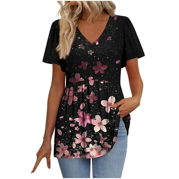 WCMZJ Womens Summer Tops Babydoll Short Sleeve Shirts Floral Print Puff Sleeve Peplum Tops V Neck T Shirts Pink L
