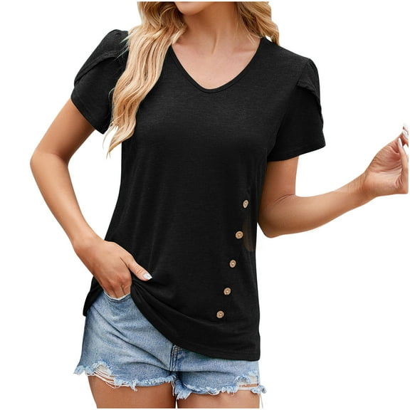WCMZJ Womens Summer Tops Casual V Neck T Shirts Trendy Petal Short Sleeve Button Decor Tunics Blouses Tee Black S