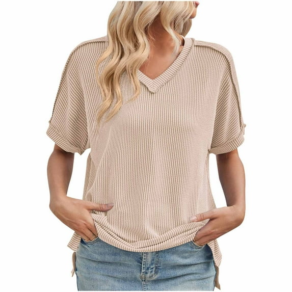 WCMZJ Womens Summer Tops Oversized V Neck T Shirts Short Sleeve Blouses for Women Dressy Casual Tunic Blouse Beige XXL
