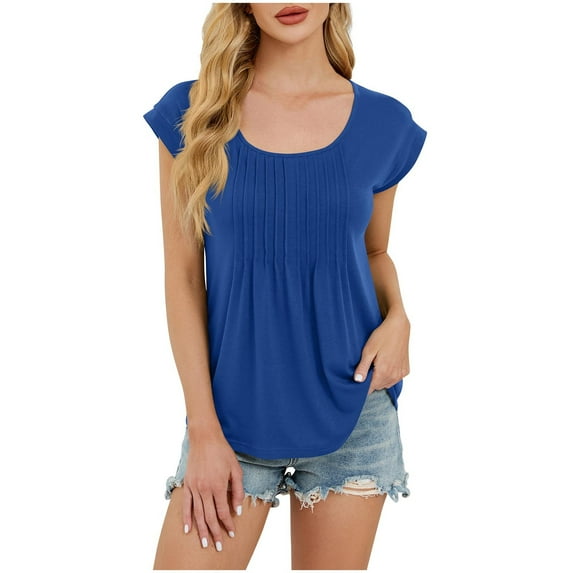 WCMZJ Womens Summer Tops Short Sleeve Crew Neck Pleated T Shirts Loose Dressy Casual Blouses Blue 2XL