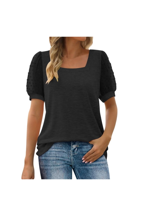 Womens Summer Tops Square Neck T Shirts Swiss Dot Puff Sleeve Tops Loose Casual Tunic Tshirts Black XL