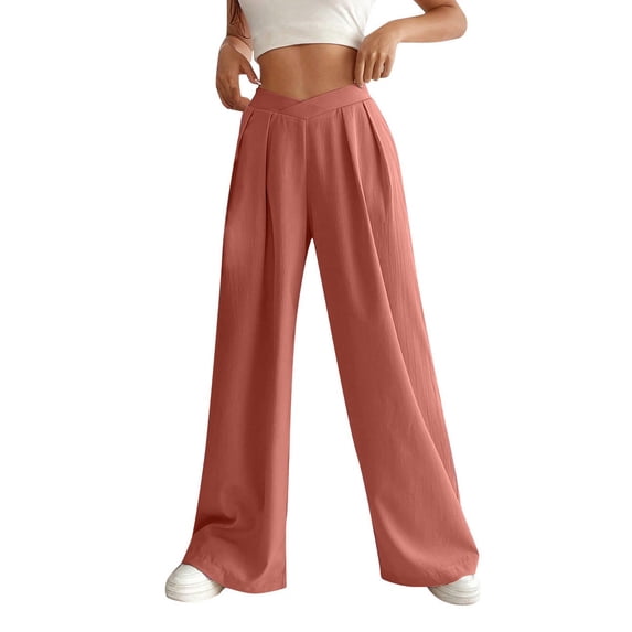 WCMZJ Womens Summer Wide Leg Dress Pants V Crossover High Waisted Palazzo Business Casual Work Office Flowy Trousers with Pockets Pink XL