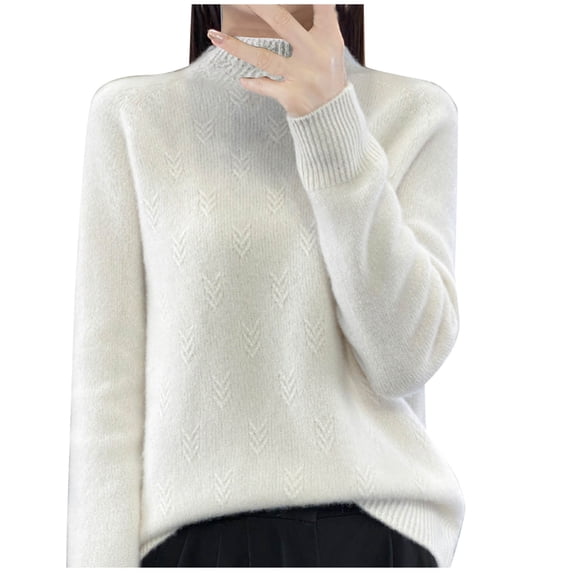 WCMZJ Womens Sweaters Trendy 2024 Fashion Fuzzy Long Sleeve Mock Neck Knit Sweaters Fall Winter Warm Loose Basic Sweaters White S