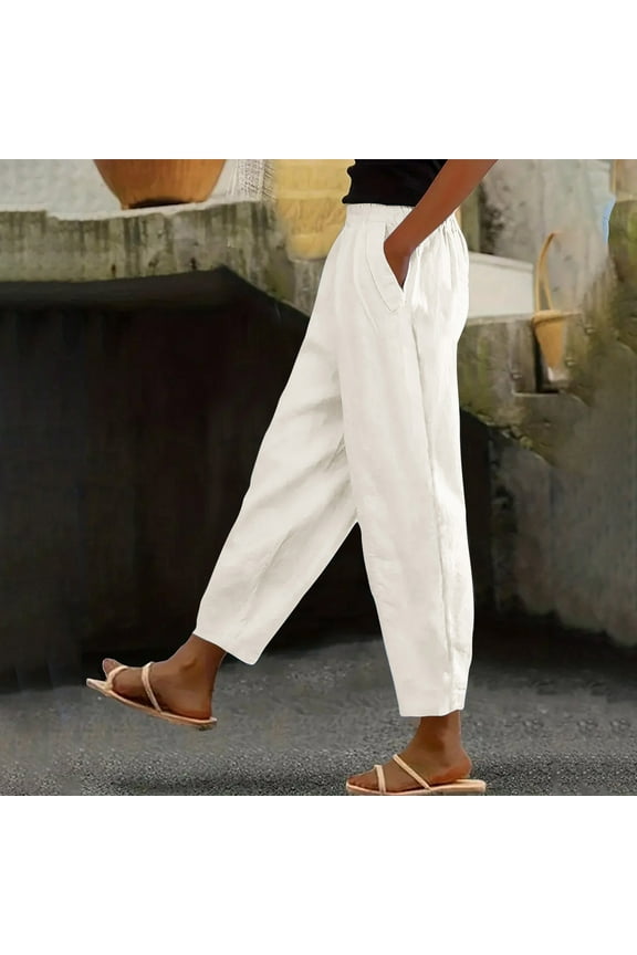 Womens Tapered Pants Straight Leg Cropped Pant Solid Color Elastic Waist Casual Trousers With Pockets