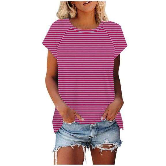 WCMZJ Womens Tops Basic Summer Crew Neck T Shirts Short Sleeve Striped Dressy Casual Loose Fit Cute Tee Clothes Trendy Fashion Outfits Hot Pink S