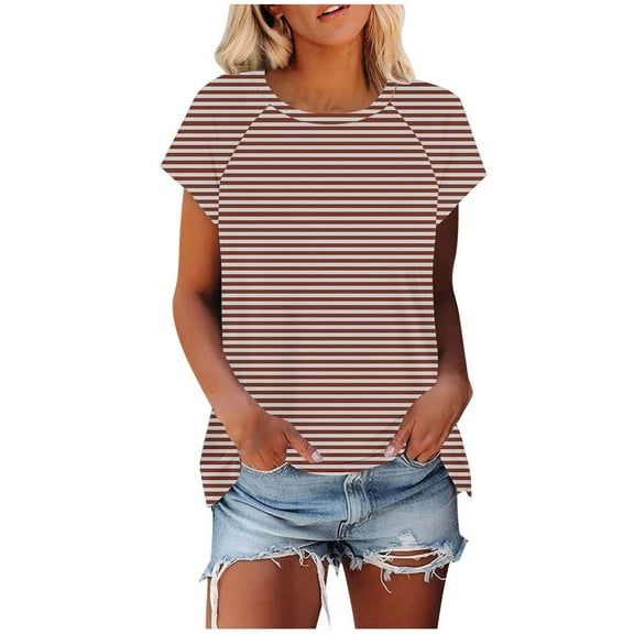 WCMZJ Womens Tops Basic Summer Crew Neck T Shirts Short Sleeve Striped Dressy Casual Loose Fit Cute Tee Clothes Trendy Fashion Outfits Khaki XL